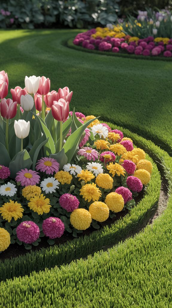 mowing carefully around flowers