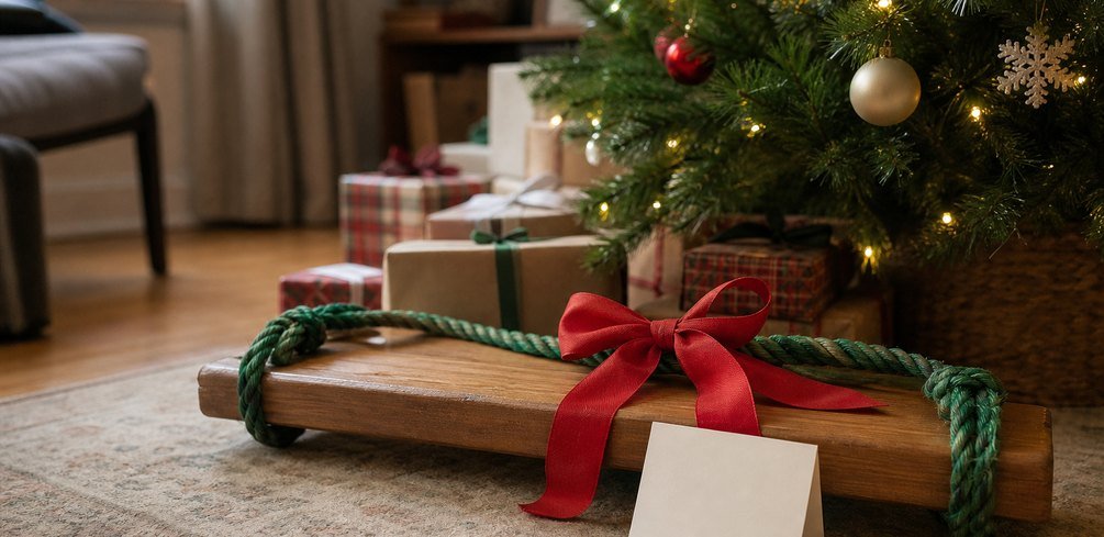 A single wooden swing seat tied with a red bow under a decorated Christmas tree, next to a small card, in a softly lit living room